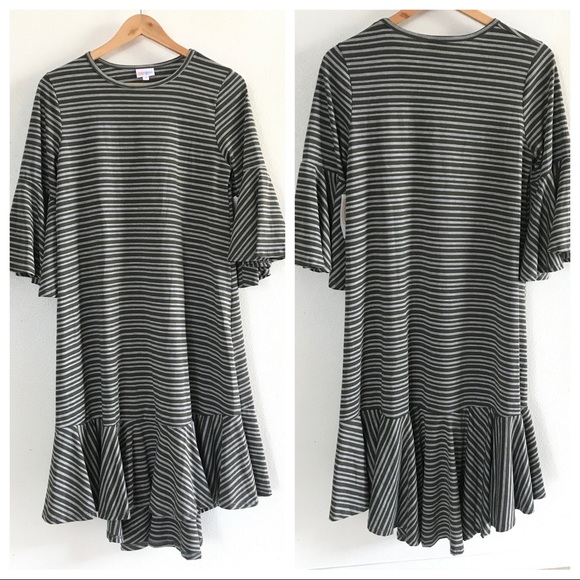 LuLaRoe Dresses & Skirts - LuLaRoe Army Green and Gray Striped Maurine Dress